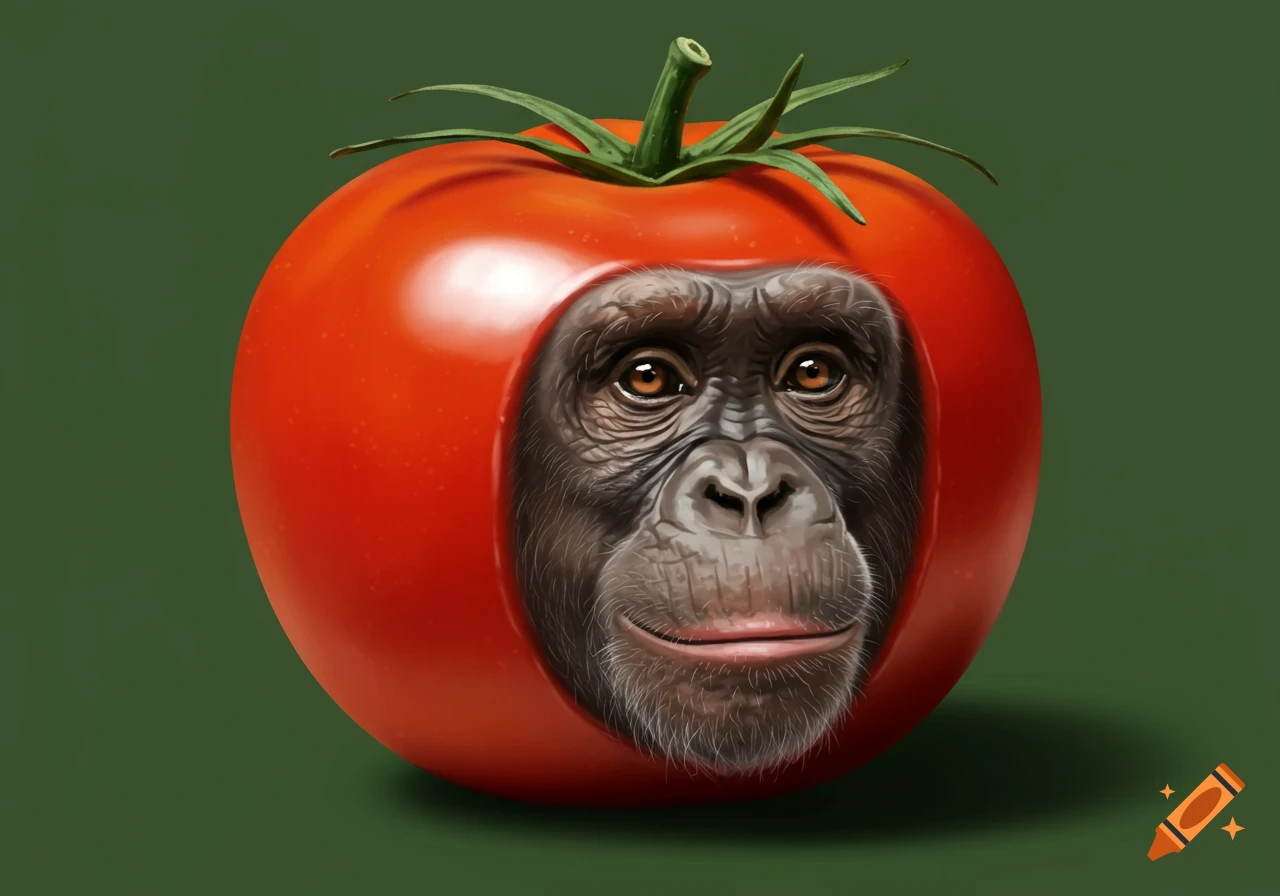 A realistic illustration of a red tomato with a chimpanzee's face embedded in its center, against a dark green background.