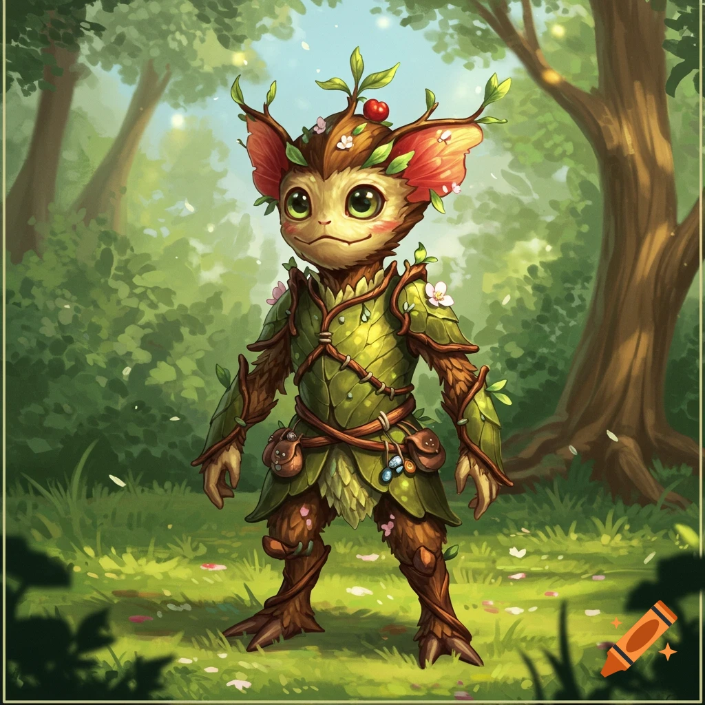 A cute, green-skinned fruit leshy creature with leaf armor and branch antlers stands in a sunny forest.