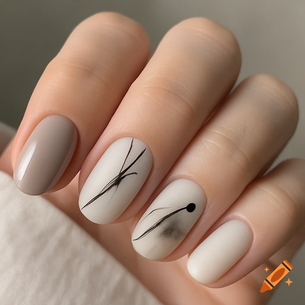 A hand with minimalist manicured nails. Some nails are solid beige or off-white, while others feature abstract black lines, smudges, and a small dot.