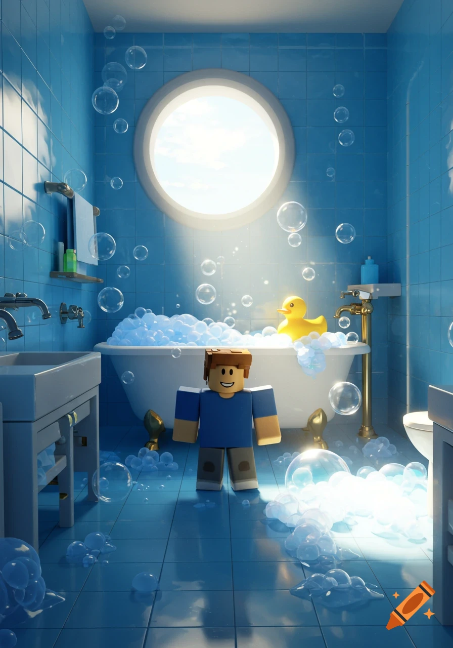 A Roblox 'noob' character stands in a light-blue tiled bathroom with a bubbly bathtub, rubber duck, and sunlight streaming through a circular window.
