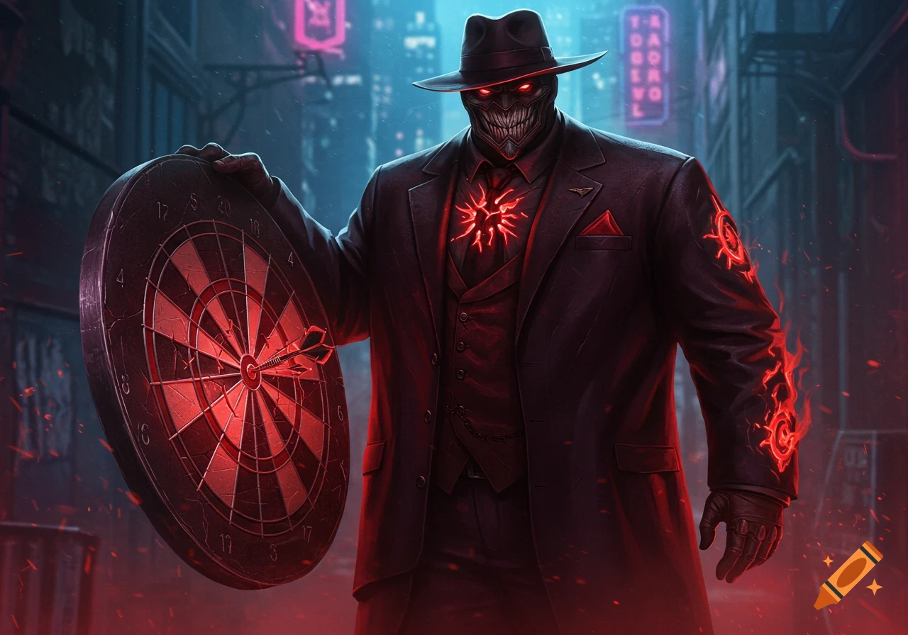 A stylized, dark villain in a fedora, suit, and mask with glowing red eyes and chest symbol, holding a dartboard like a shield in a neon-lit city alley.