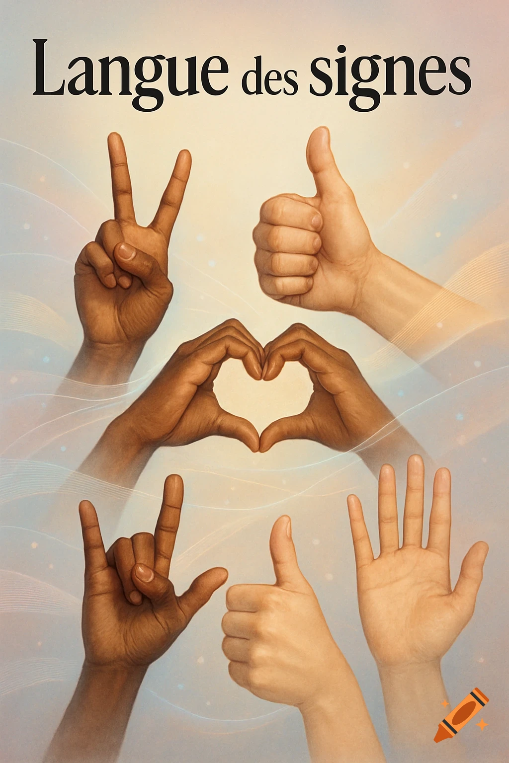Hands of various skin tones making peace, thumbs up, heart, and 'I love you' gestures, with text 'Langue des signes'.
