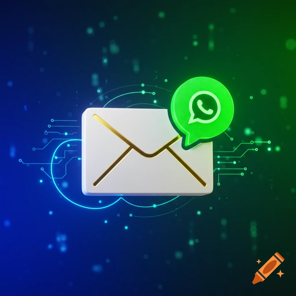 A 3D rendering of a white mail envelope and a green WhatsApp chat bubble icon on a blue and green digital circuit background.