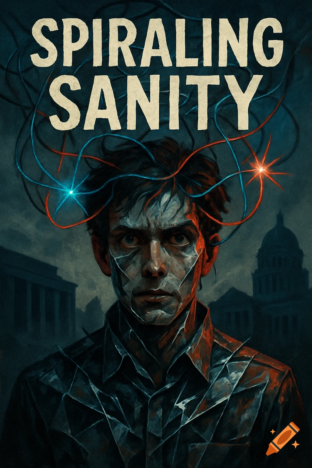 Dark, expressionistic book cover for 'SPIRALING SANITY' featuring a distressed man with fractured skin and glowing wires emerging from his head.