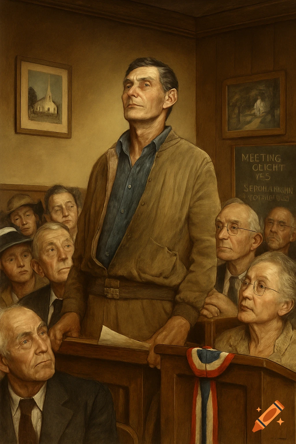 A man in a brown jacket stands confidently at a podium in a courtroom or assembly, surrounded by a crowd of attentive older individuals in a Norman Rockwell style painting.