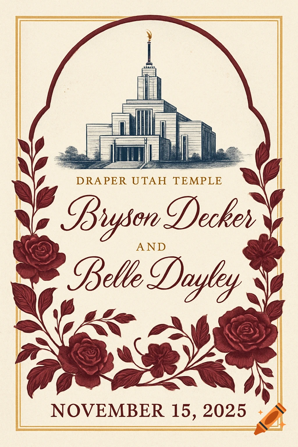 Wedding invitation for Bryson Decker and Belle Dayley with an illustration of Draper Utah Temple and burgundy floral border.