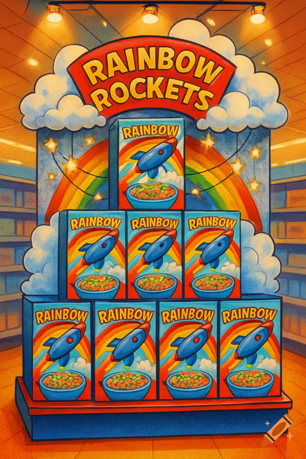 A colorful, illustrated end-of-aisle store display for 'Rainbow Rockets' cereal, featuring boxes with rockets and bowls, under a prominent sign.