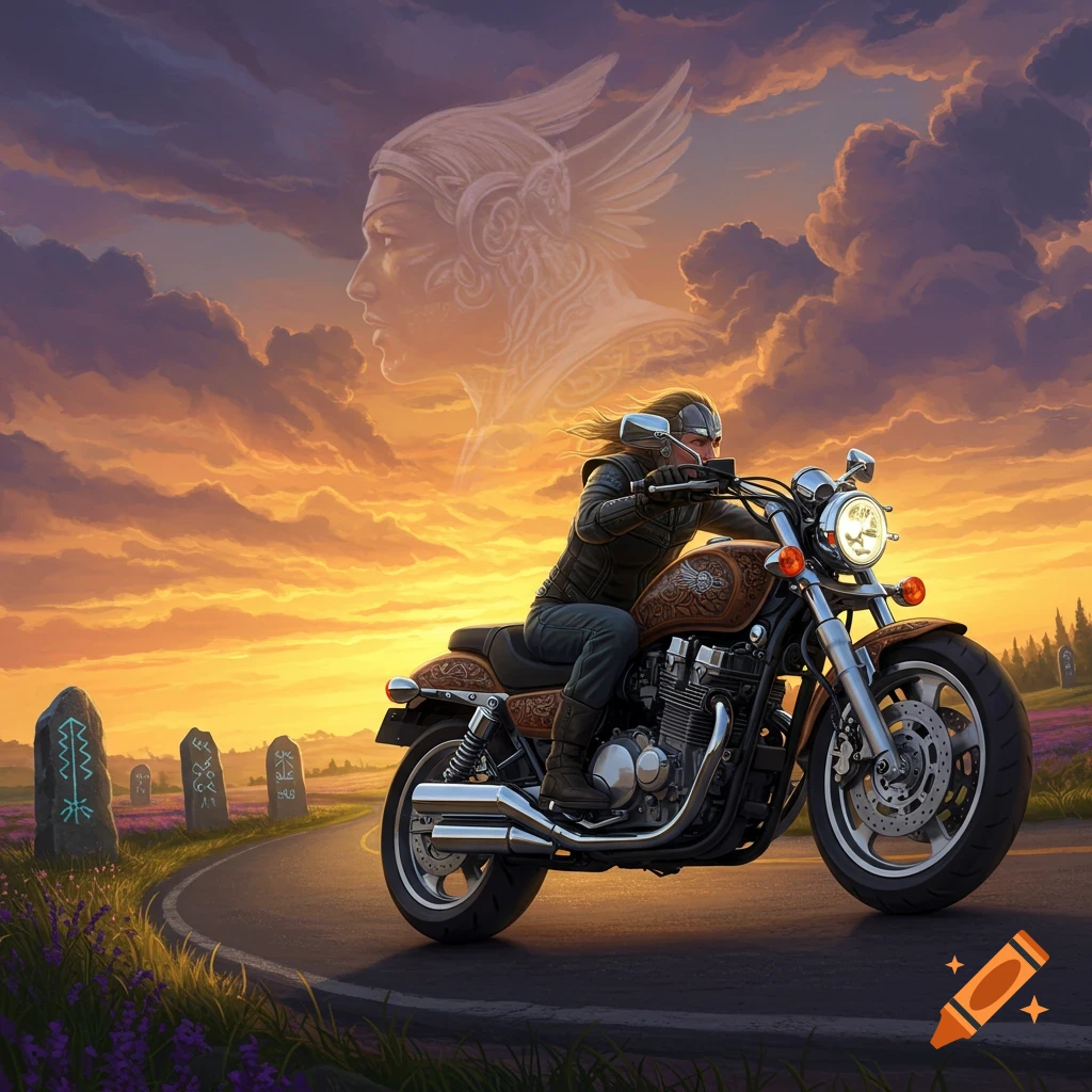 A person on a motorcycle rides along a winding road at sunset, with an ethereal, winged figure in the sky and runic stones in a field of lavender. Stylized illustration.