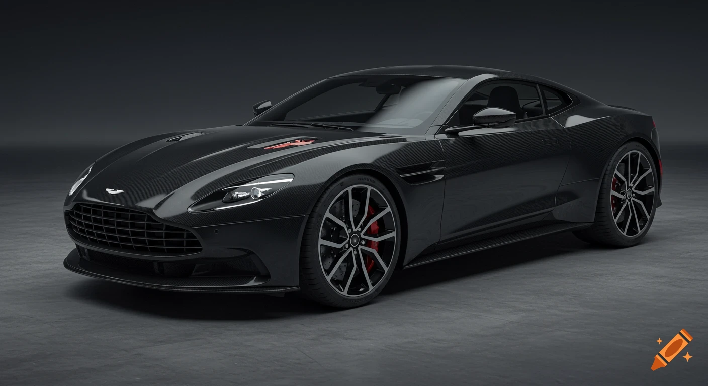 Sleek black carbon fiber Aston Martin sports car in a studio setting, featuring red brake calipers.