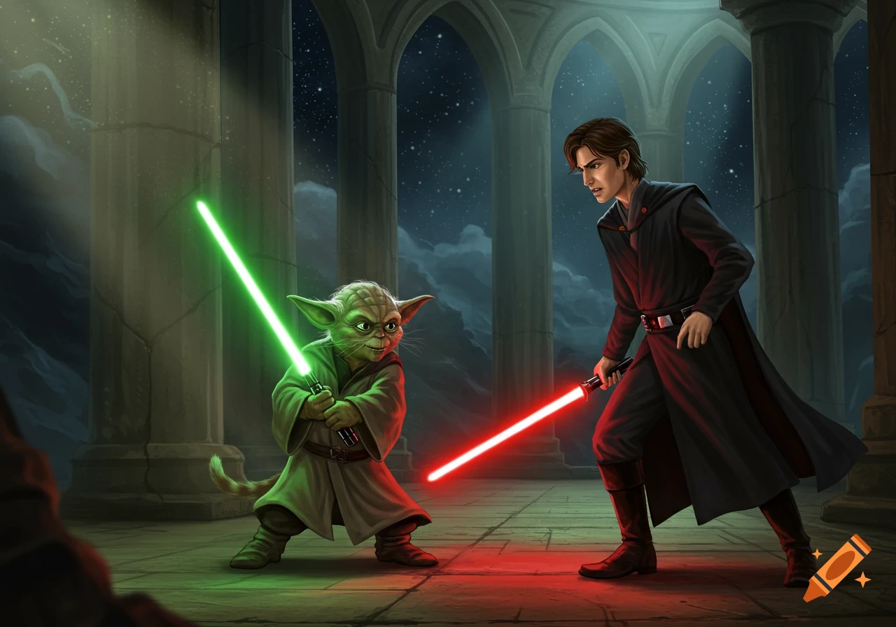 Puss in Boots dressed as Yoda duels Prince Charming dressed as Count Dooku with lightsabers in a starry temple.