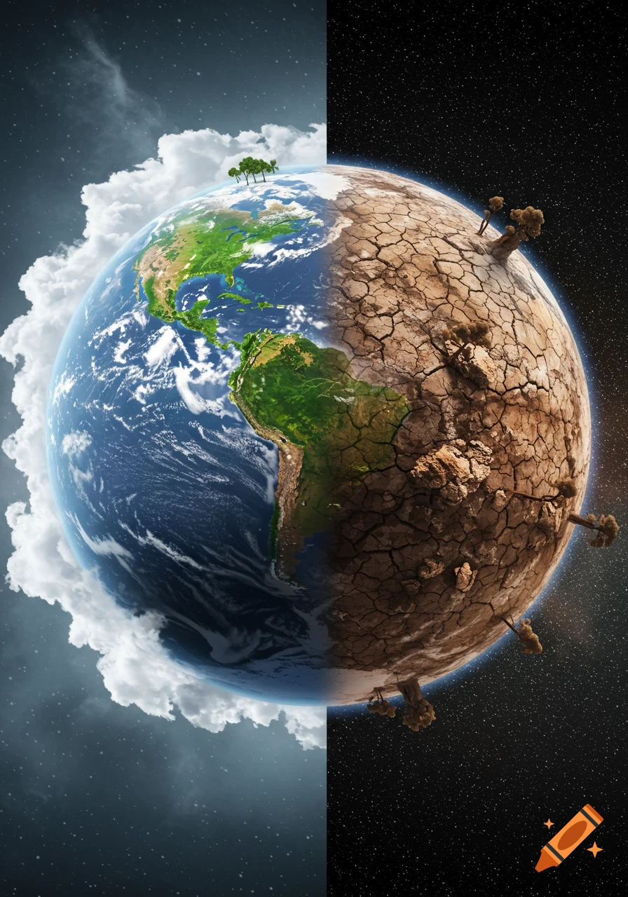 A photorealistic illustration of planet Earth split in half, one side green and vibrant, the other dry and cracked with barren trees.