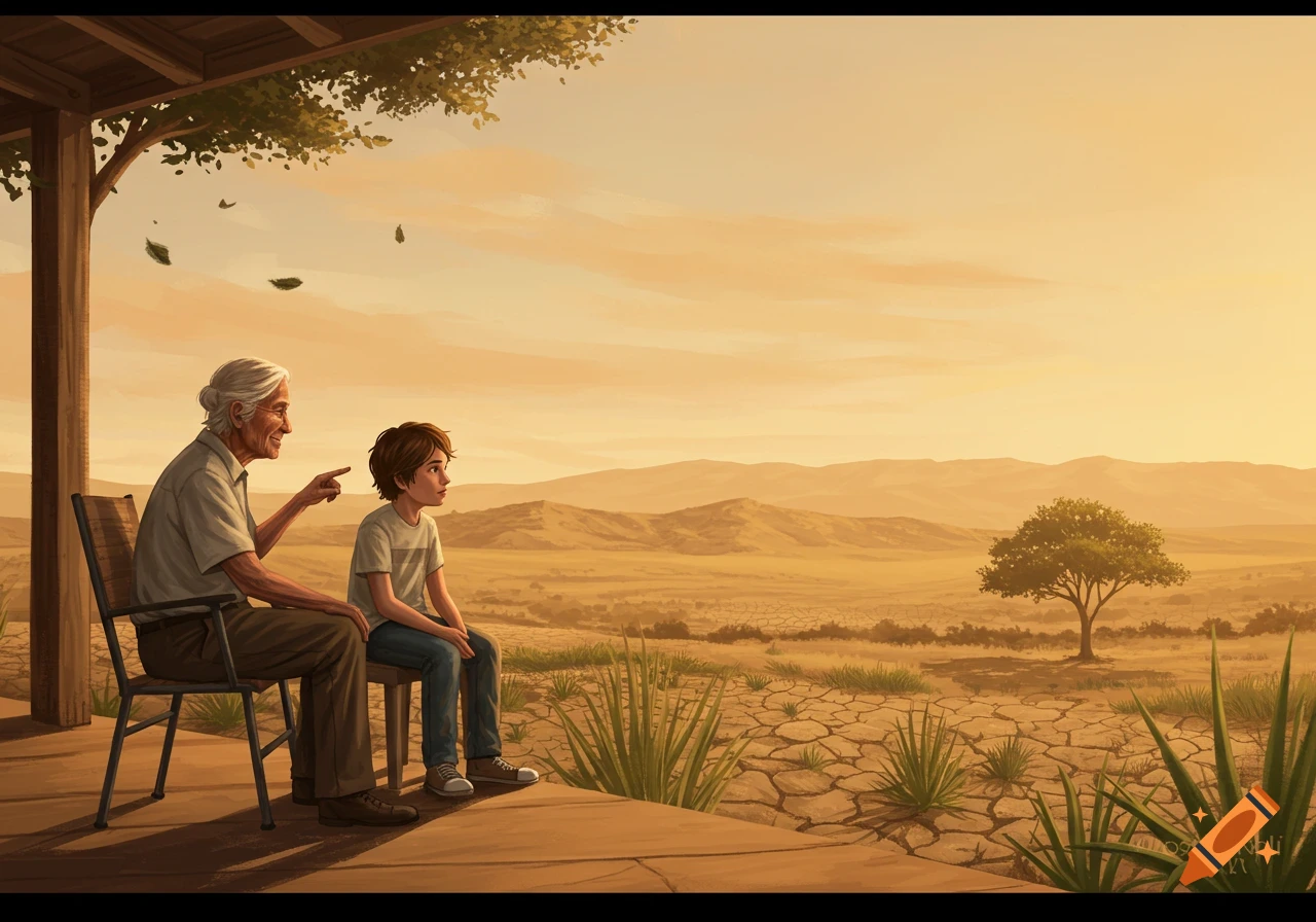 An elderly person talks to a young child on a porch, pointing to a vast, dry desert landscape with mountains and a lone tree. Illustrated in warm tones.