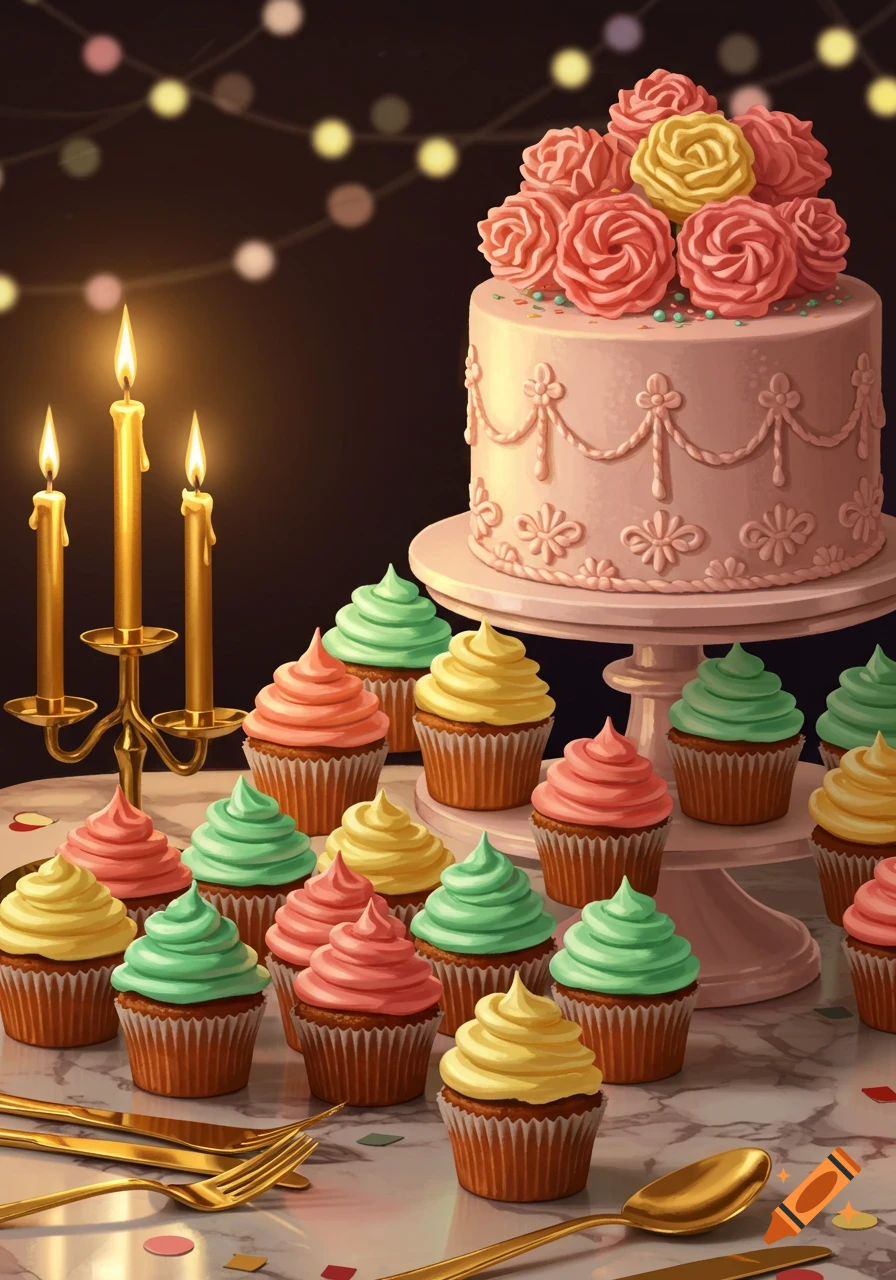 Vibrant illustration of a pink cake with frosting roses, numerous colorful cupcakes, and lit candles on a table, with bokeh lights.