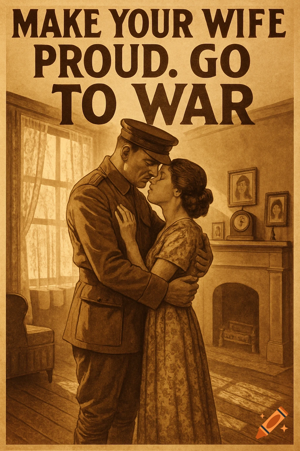 Vintage sepia-toned WWI propaganda poster shows a soldier embracing his wife, with the text "MAKE YOUR WIFE PROUD. GO TO WAR".