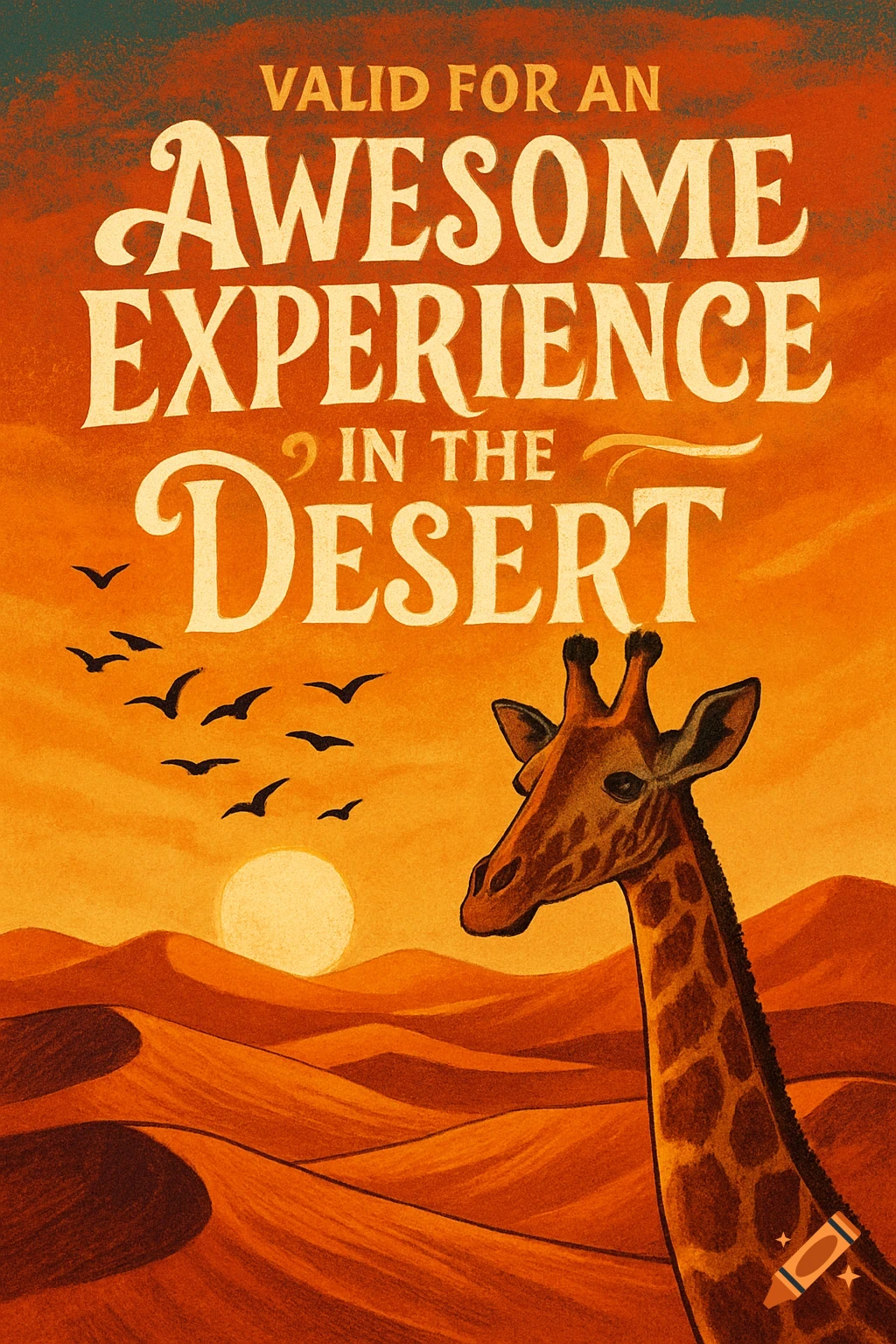 Vintage-style illustration of a giraffe looking out over desert dunes at sunset with flying birds. Text reads: "VALID FOR AN AWESOME EXPERIENCE IN THE DESERT".