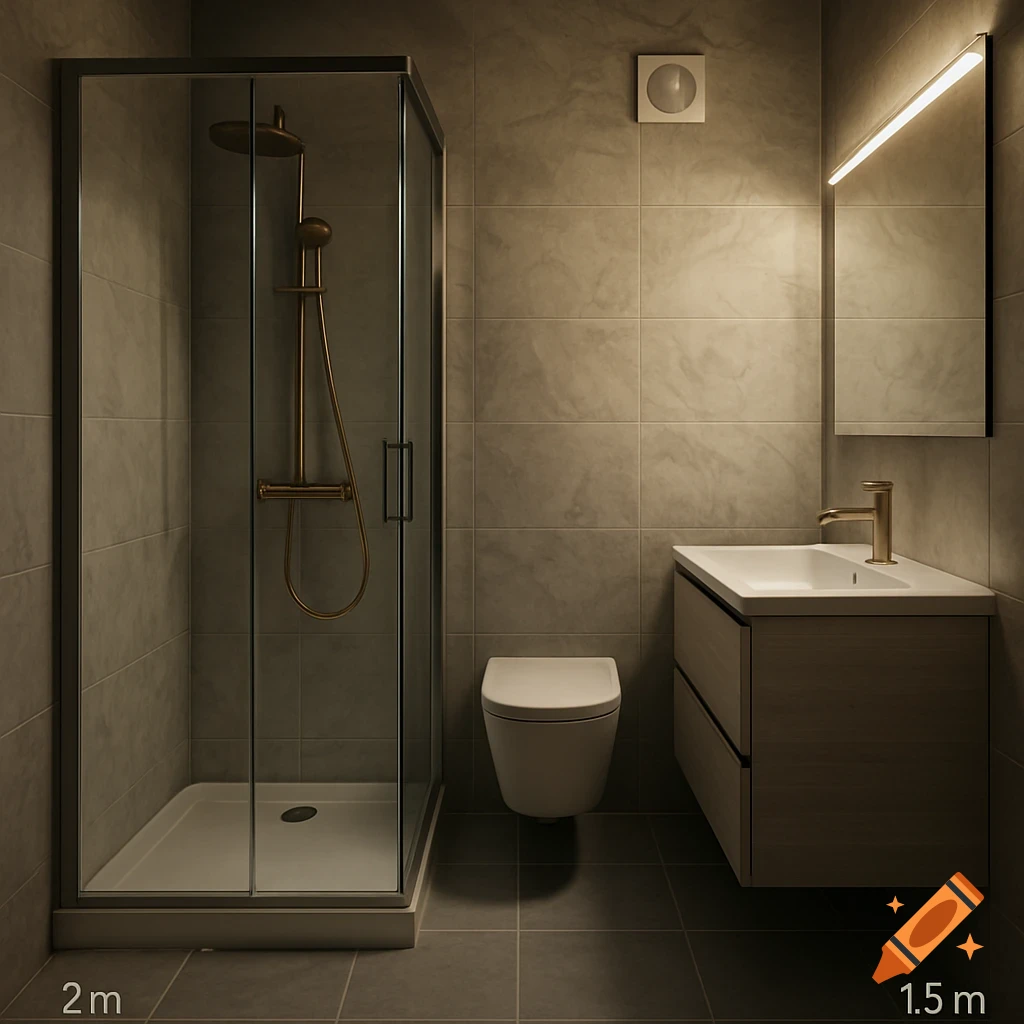 Modern bathroom with a glass shower, wall-mounted toilet, vanity sink, gold fixtures, and grey tiles. Dimensions 2m x 1.5m are marked.