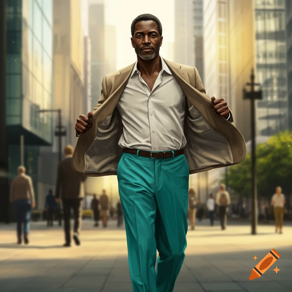 A man in turquoise pants, a white shirt, and a beige suit jacket walks confidently on a city street. Digital illustration.