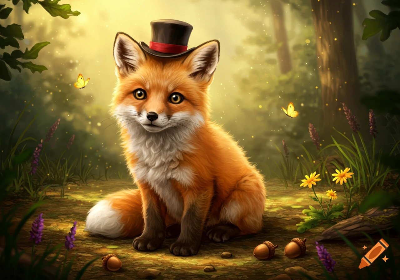 A cute orange fox wearing a black top hat with a red band sits in a magical forest with glowing dust, flowers, and butterflies.