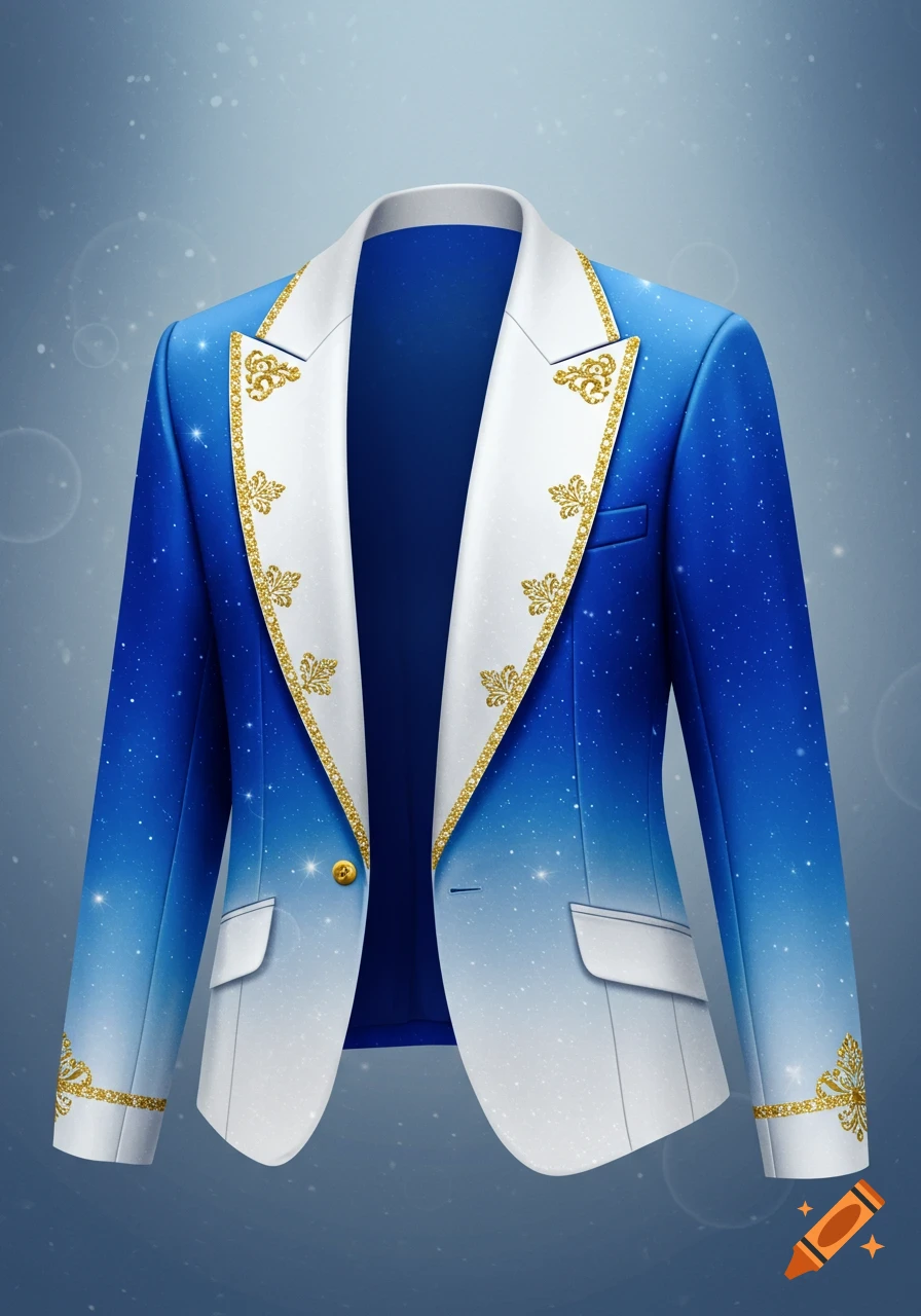 A stylish royal blue and white gradient formal jacket with golden ornate trim and sparkly specks.