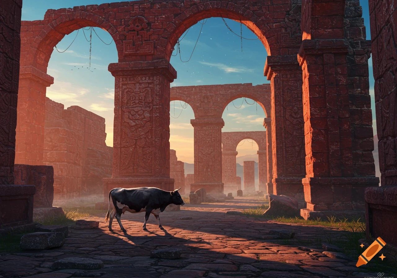A photorealistic image of a cow walking through ancient, red-brick ruins with large arches and columns during sunset.