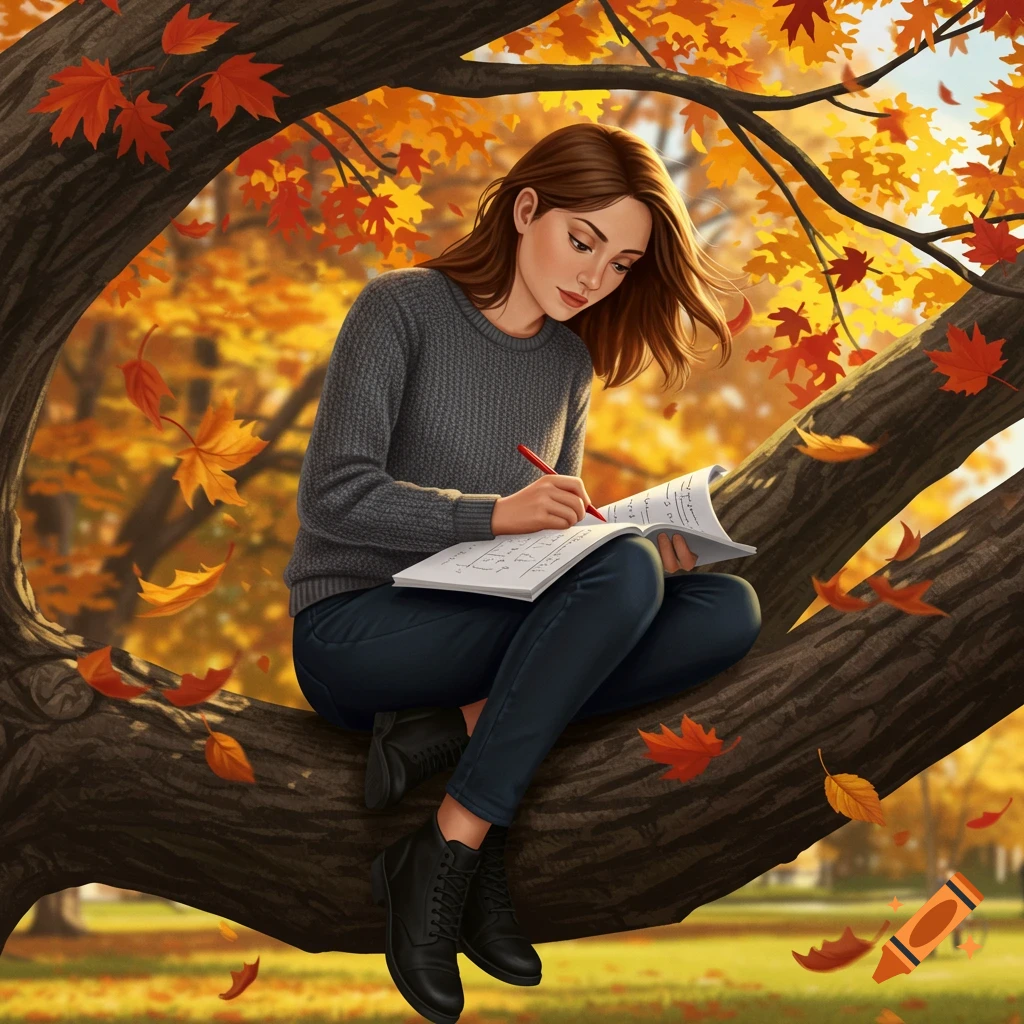 A young woman with brown hair sits on a tree branch in autumn, writing in a notebook amidst falling leaves in a park.