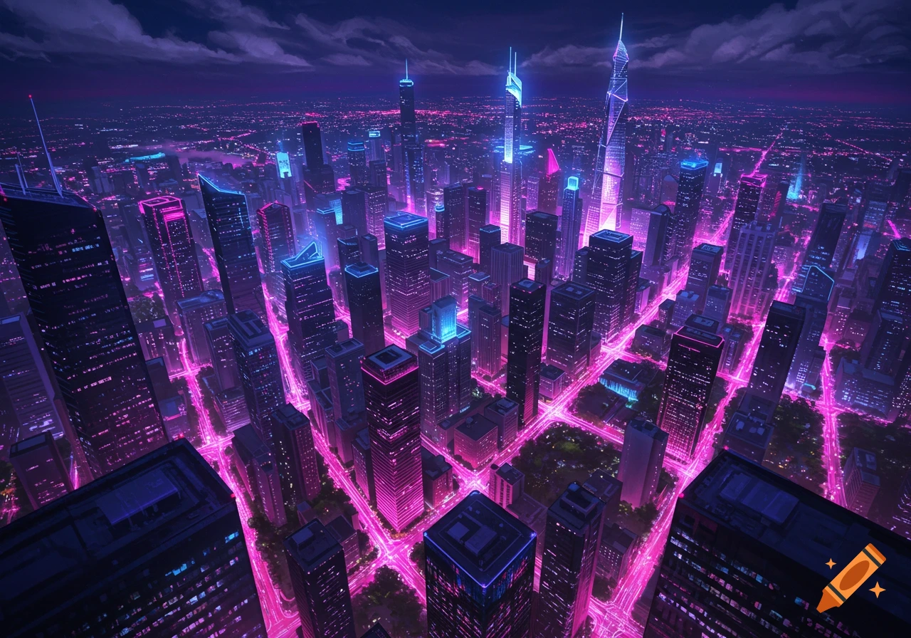 An aerial view of a futuristic city at night, with tall skyscrapers and streets glowing with vibrant pink and blue neon lights.