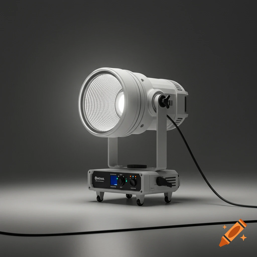 A photorealistic studio shot of a white industrial spotlight with a visible LED array and control panel on a light gray surface.