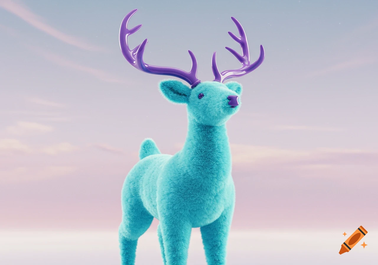 A stylized, fluffy cyan deer with bright purple antlers stands against a soft pink and blue sky.