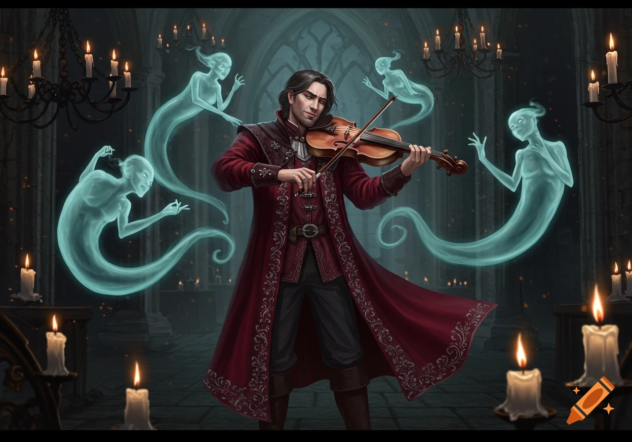 A man in a red gothic coat plays a violin, surrounded by glowing blue spirits in a dark, vaulted hall.