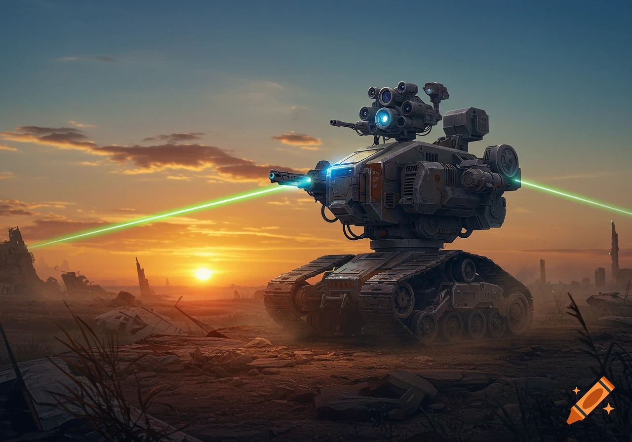 A detailed, futuristic tracked robot fires green lasers across a desolate, ruined landscape under a vibrant sunset.