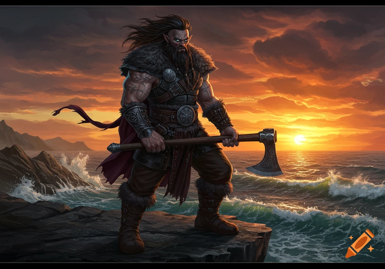 A muscular, bearded Viking warrior with an axe stands on a cliff by a turbulent sea under a dramatic sunset.