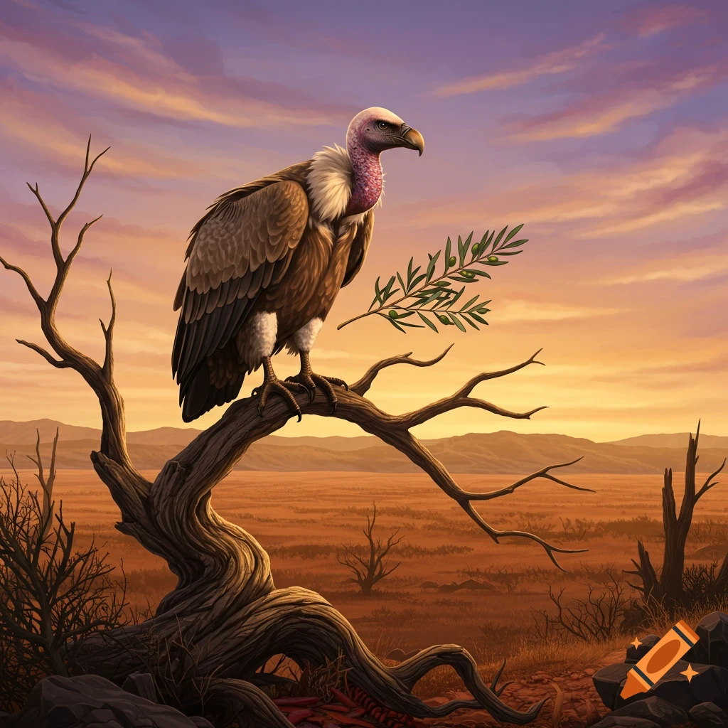 A detailed illustration of a vulture perched on a dead tree branch, holding an olive branch, against a desert sunset.