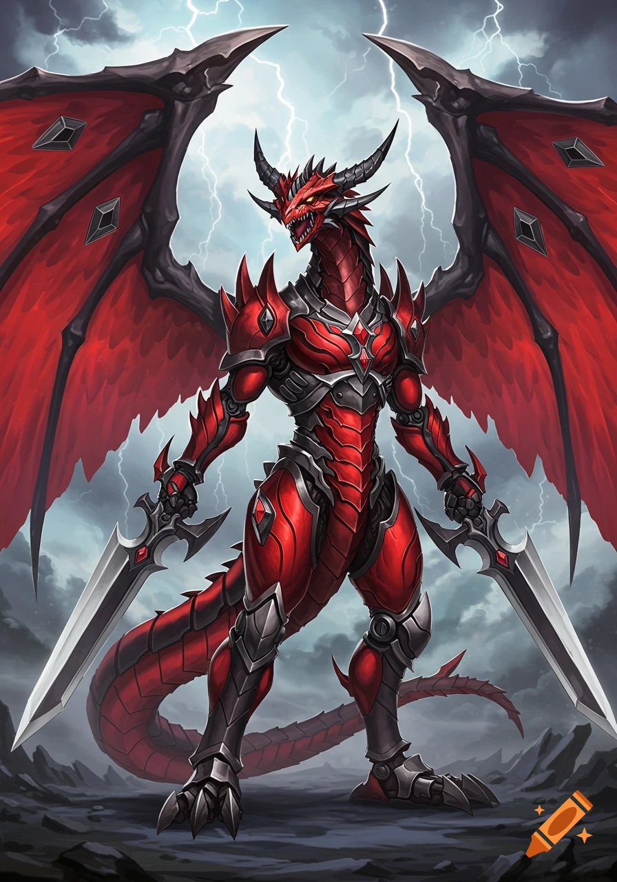 A powerful red armored bipedal dragon with large red wings holds two swords, standing against a stormy, lightning-filled sky in anime style.