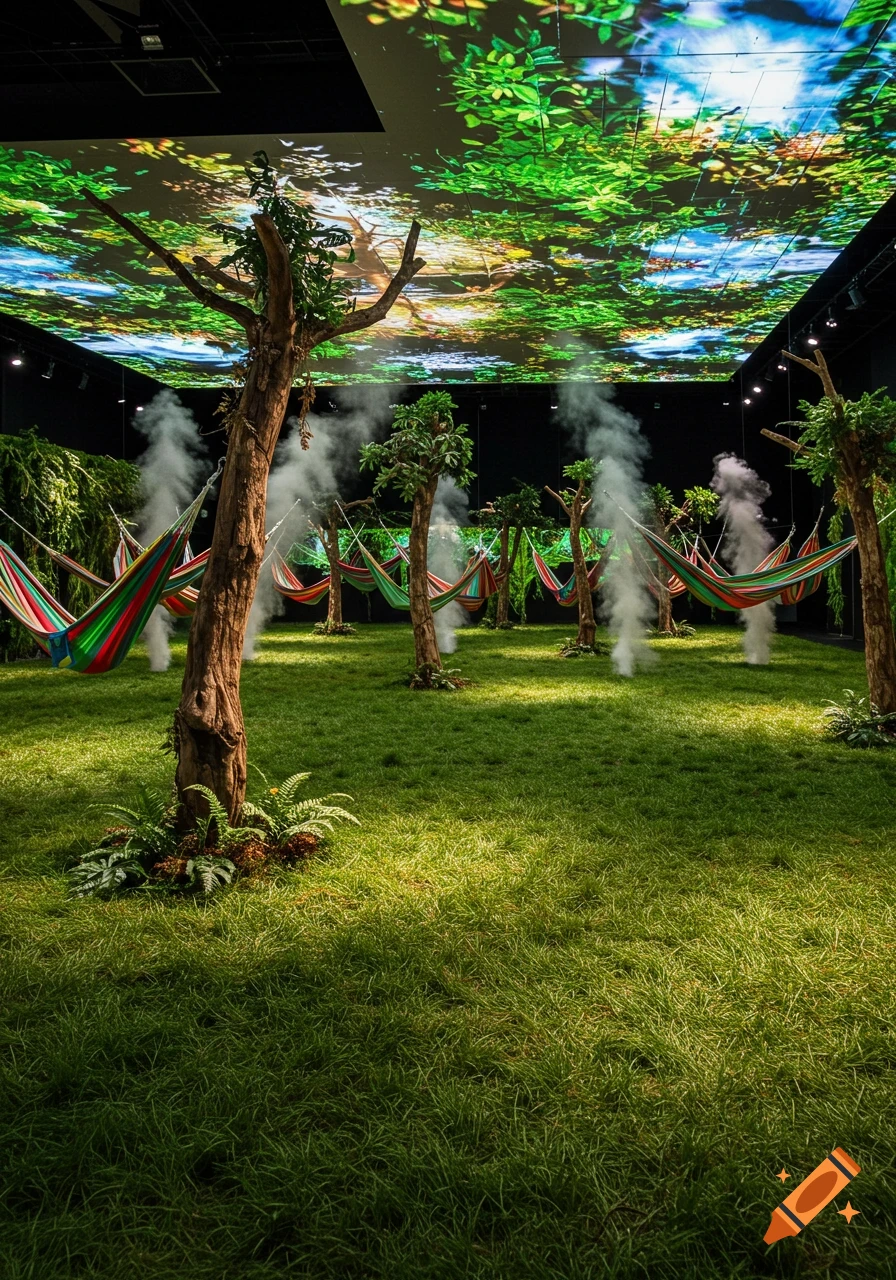 Modern art installation with a grass floor, trees, colorful hammocks, and smoke, under a ceiling projecting lush foliage.