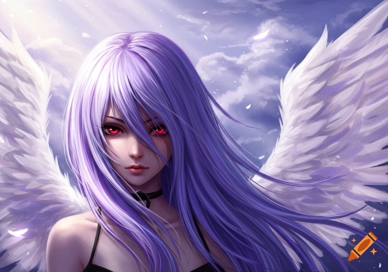 Anime girl with long lavender hair, red eyes, and large white angel wings against a cloudy sky.