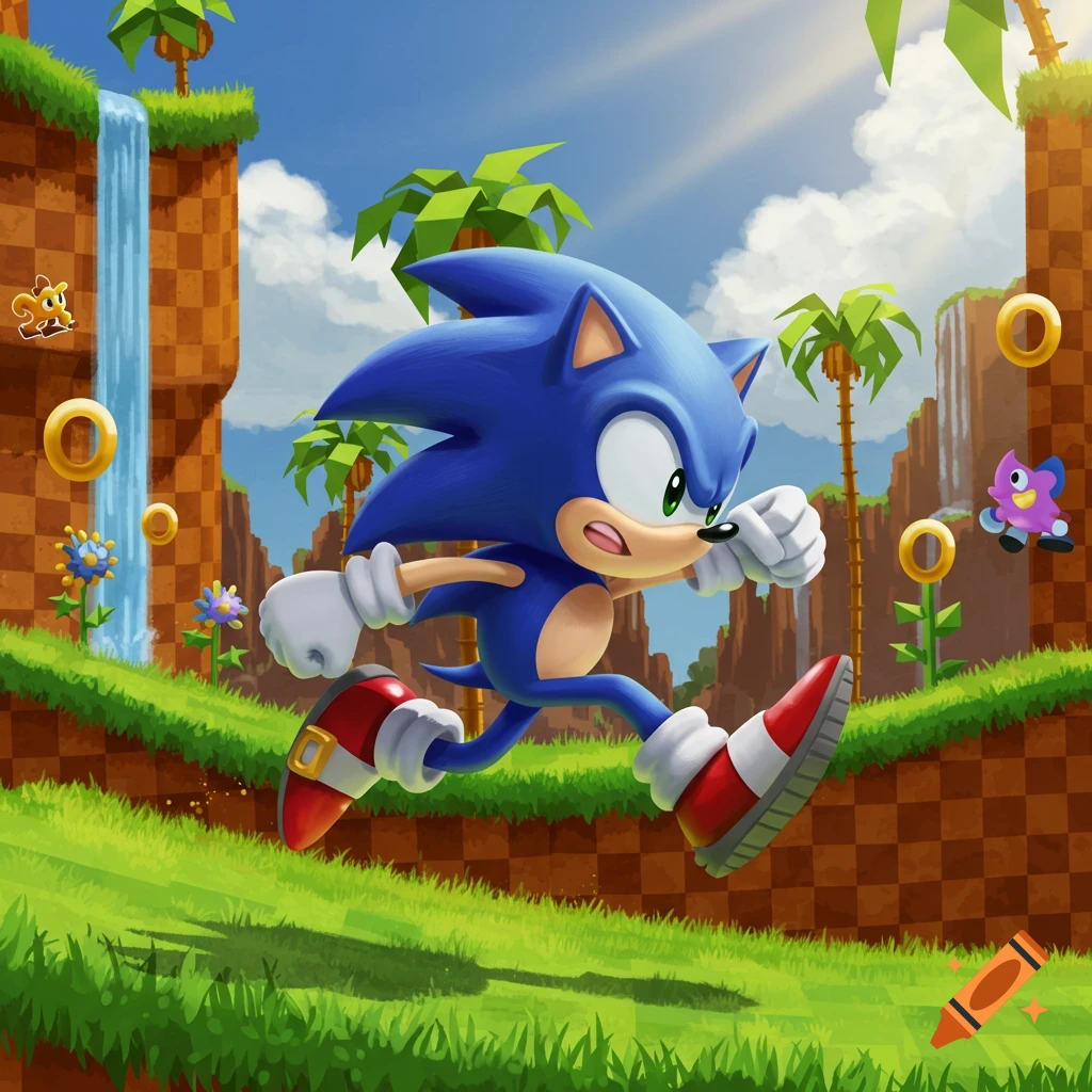 Sonic the Hedgehog running through a bright, cartoonish Green Hill Zone-like landscape with golden rings and waterfalls.