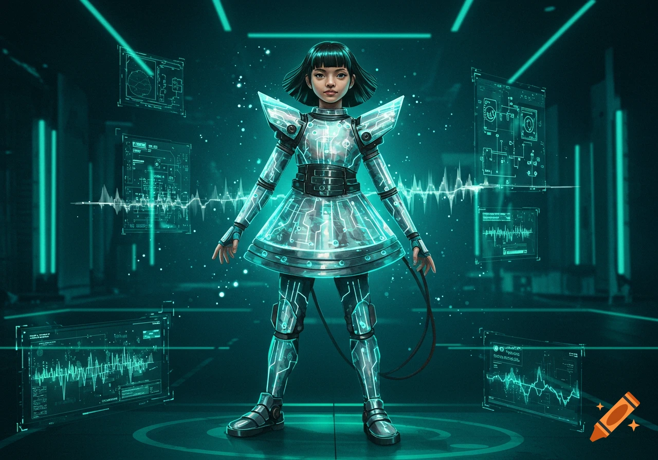 A futuristic girl in a glowing circuit-board costume stands in a cybernetic room surrounded by holographic screens and data displays.