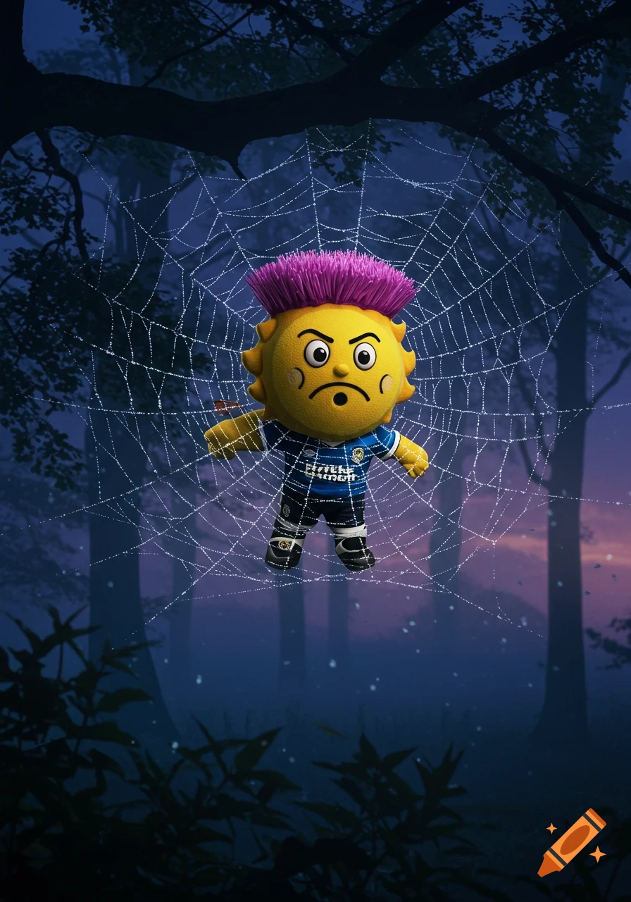 A cartoonish yellow sun-like mascot with purple spiky hair, wearing a blue football jersey, is caught in a glistening spider web in a dark forest at dusk.