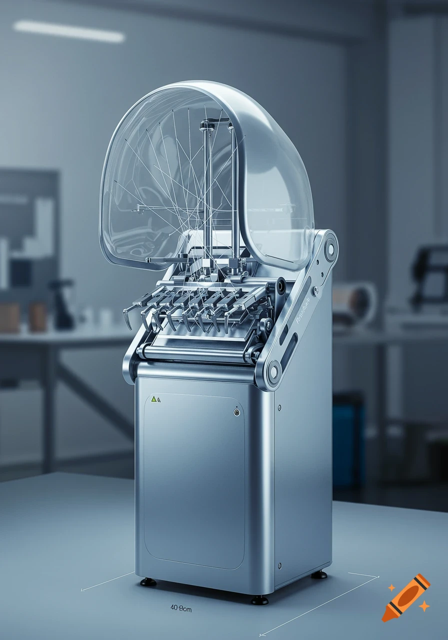 A sleek silver yarn untangler machine with a clear domed lid and mechanical arms, standing on a table in a minimalist lab setting, with dimensions noted.