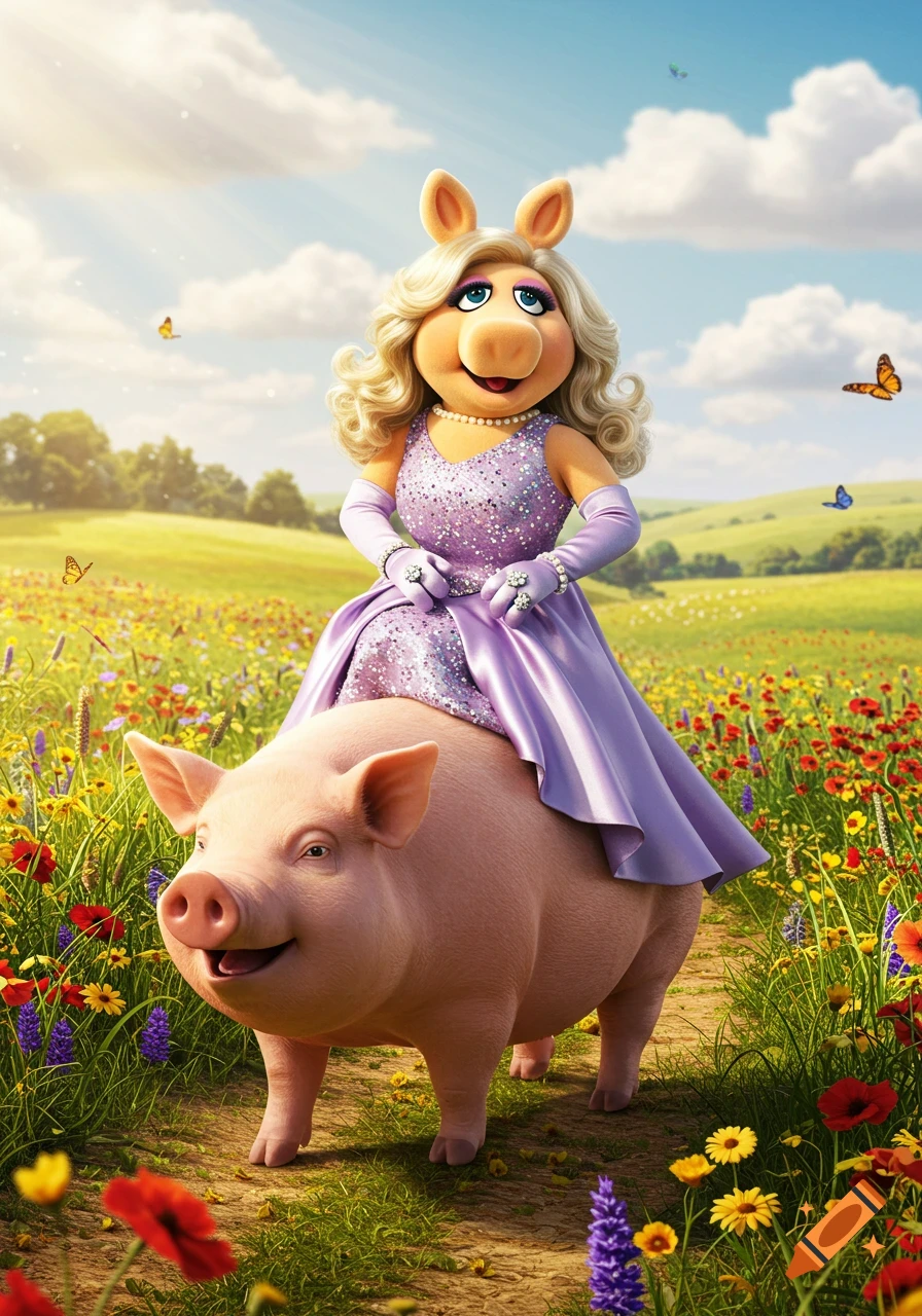 Miss Piggy in a sparkly lavender dress riding a happy pig through a sunny field of colorful wildflowers.
