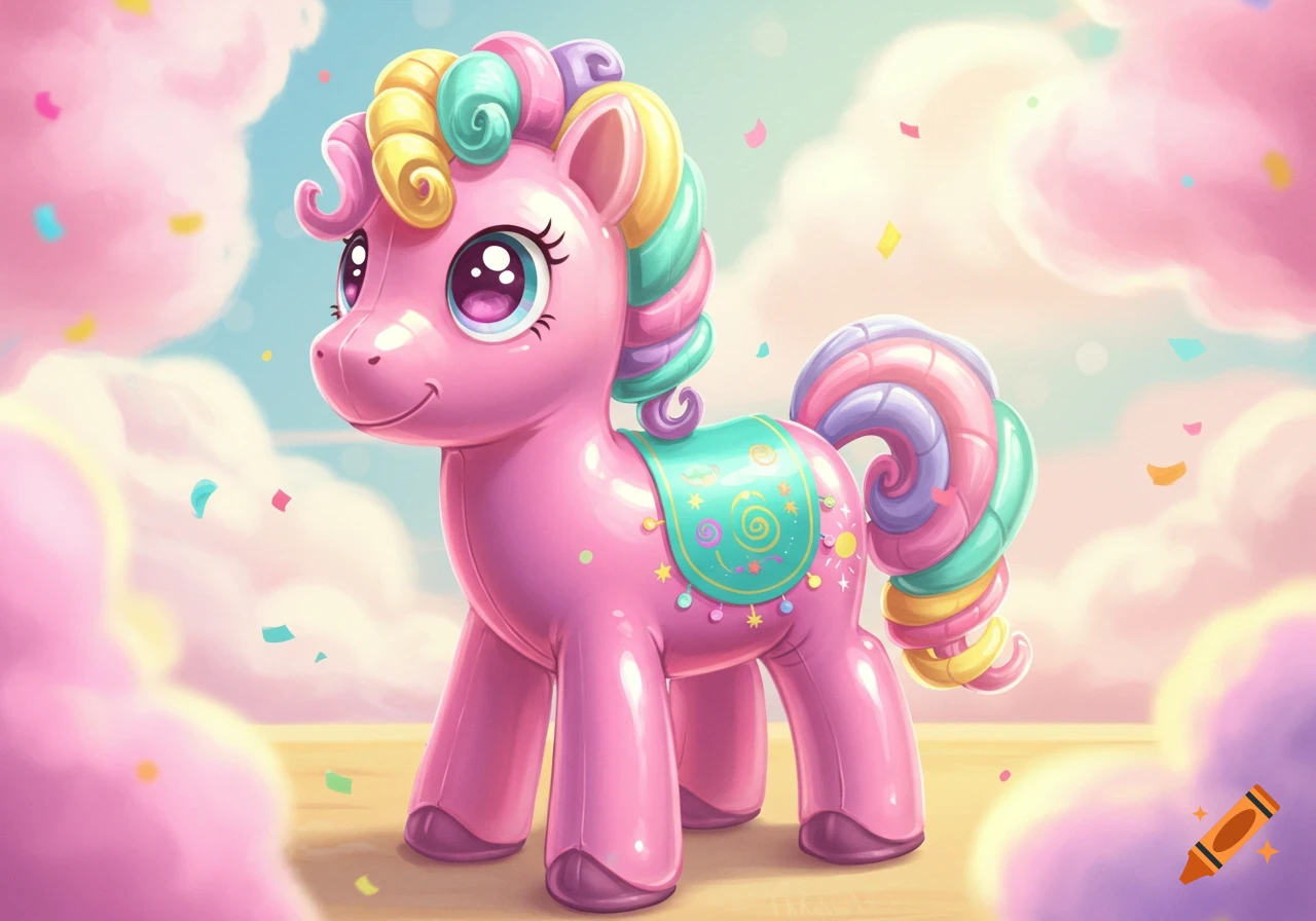 A cute, vibrant pink inflatable pony with rainbow mane/tail and decorated saddle in a dreamy sky with pink clouds and confetti.