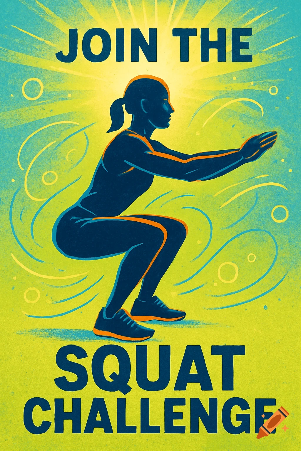 Stylized fitness poster in blue, yellow, and green, showing a person doing a squat with text 'JOIN THE SQUAT CHALLENGE'.