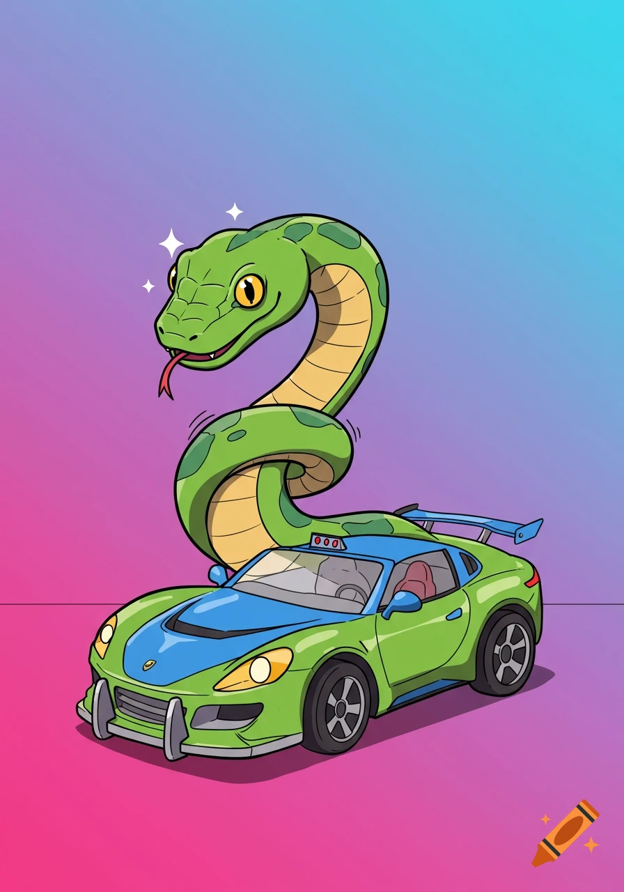 A cute cartoon illustration of a green snake coiled above a green and blue sports car on a vibrant gradient background.