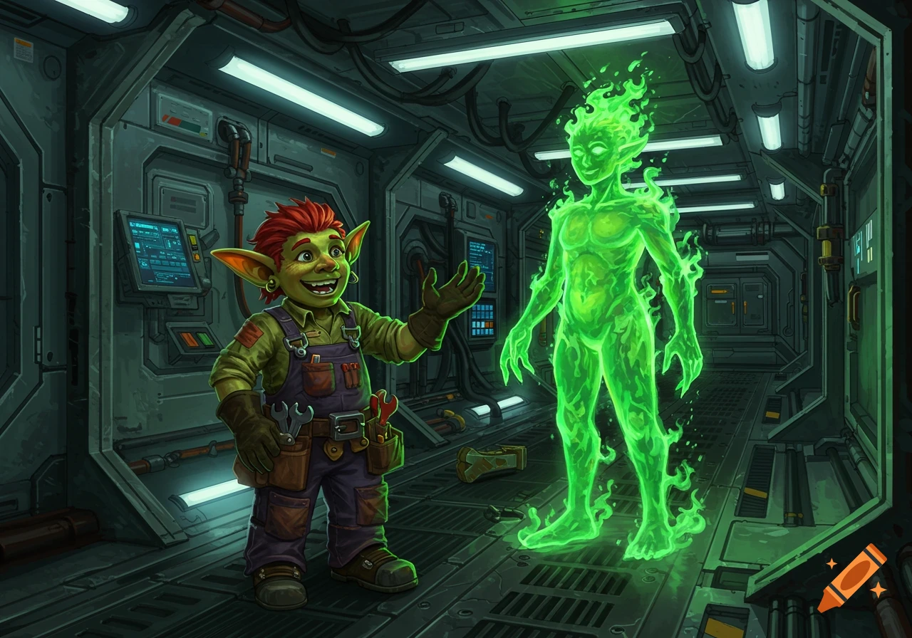 A friendly red-headed goblin mechanic gestures toward a glowing green energy being in a sci-fi spaceship hallway.