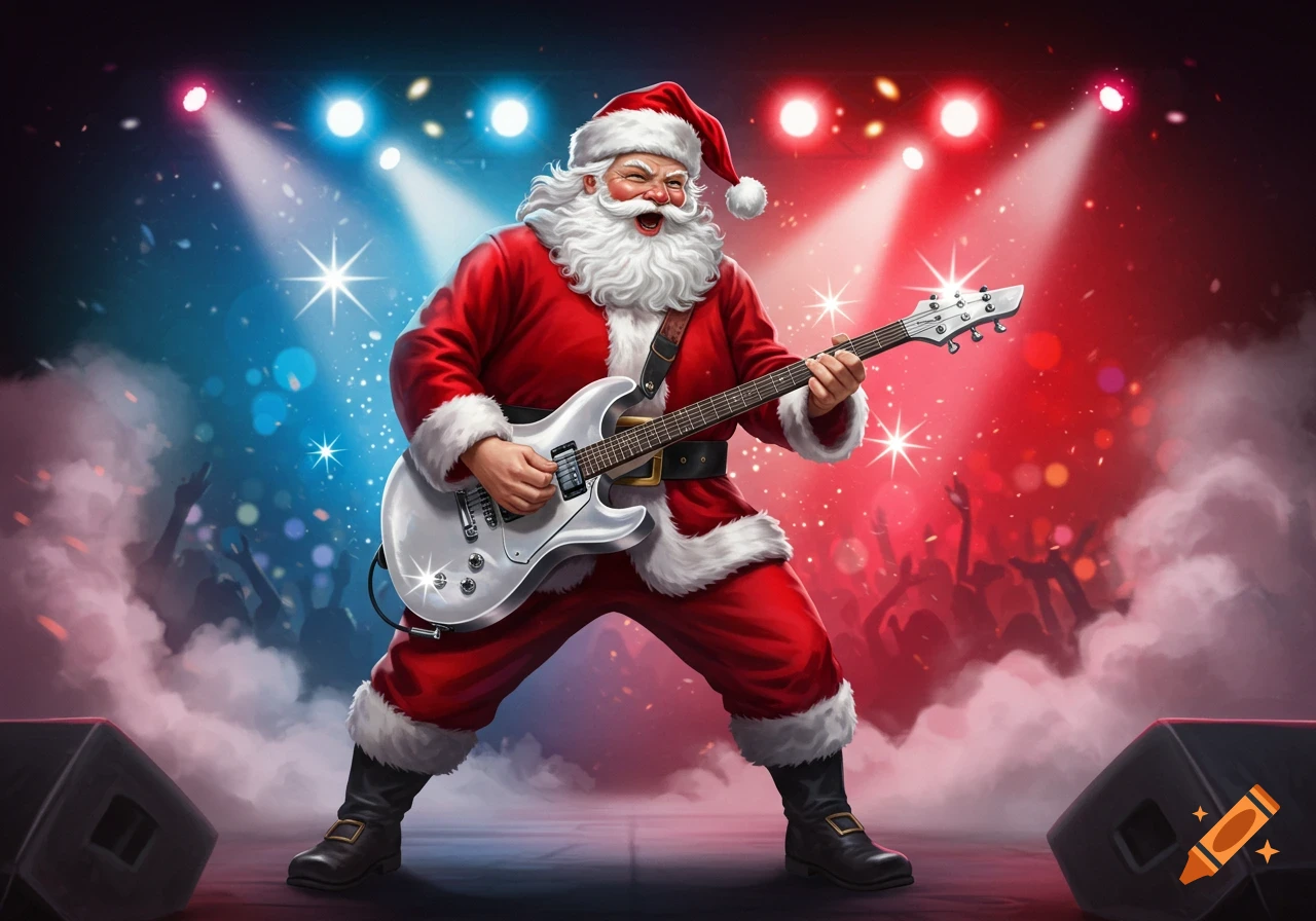 Santa Claus energetically plays a silver electric guitar on a concert stage illuminated by red and blue spotlights, with a cheering crowd in the background.