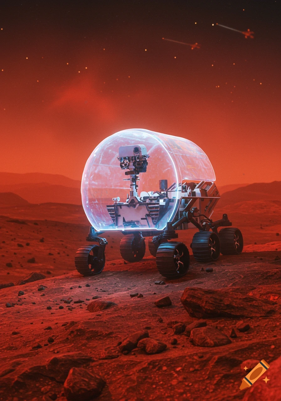 A futuristic Mars rover with a transparent protective shield on a reddish planet surface under a starry, red sky.