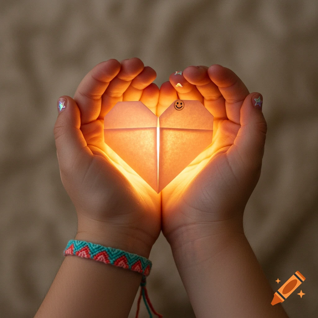 Child's cupped hands hold a glowing paper heart with a smiley face, wearing a friendship bracelet and star nail stickers.