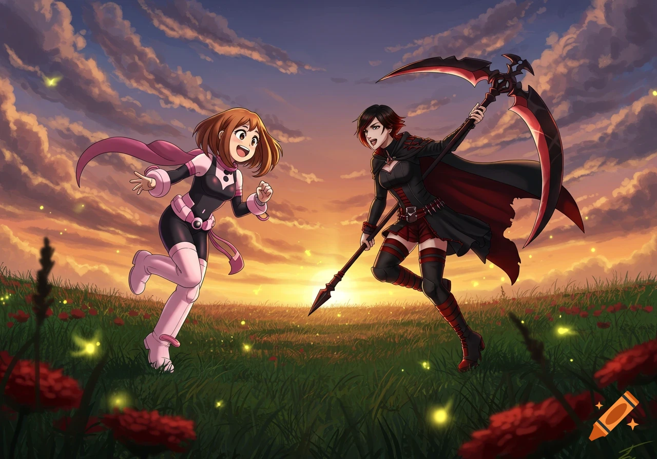 Anime characters Ochako Uraraka and Ruby Rose run through a grassy field with red flowers under a sunset sky.