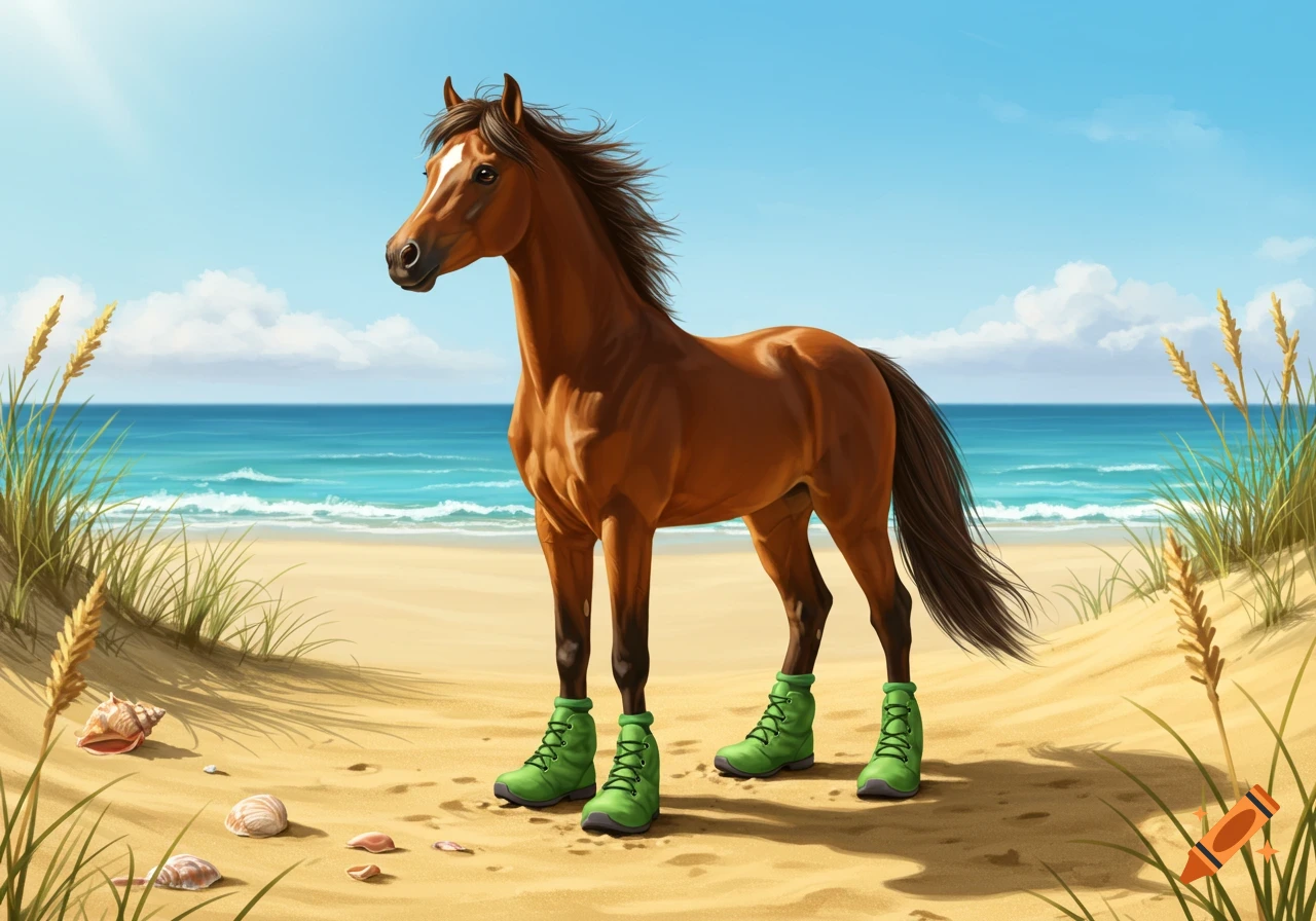 A brown horse in green boots stands on a sandy beach with the ocean behind it, a realistic illustration.