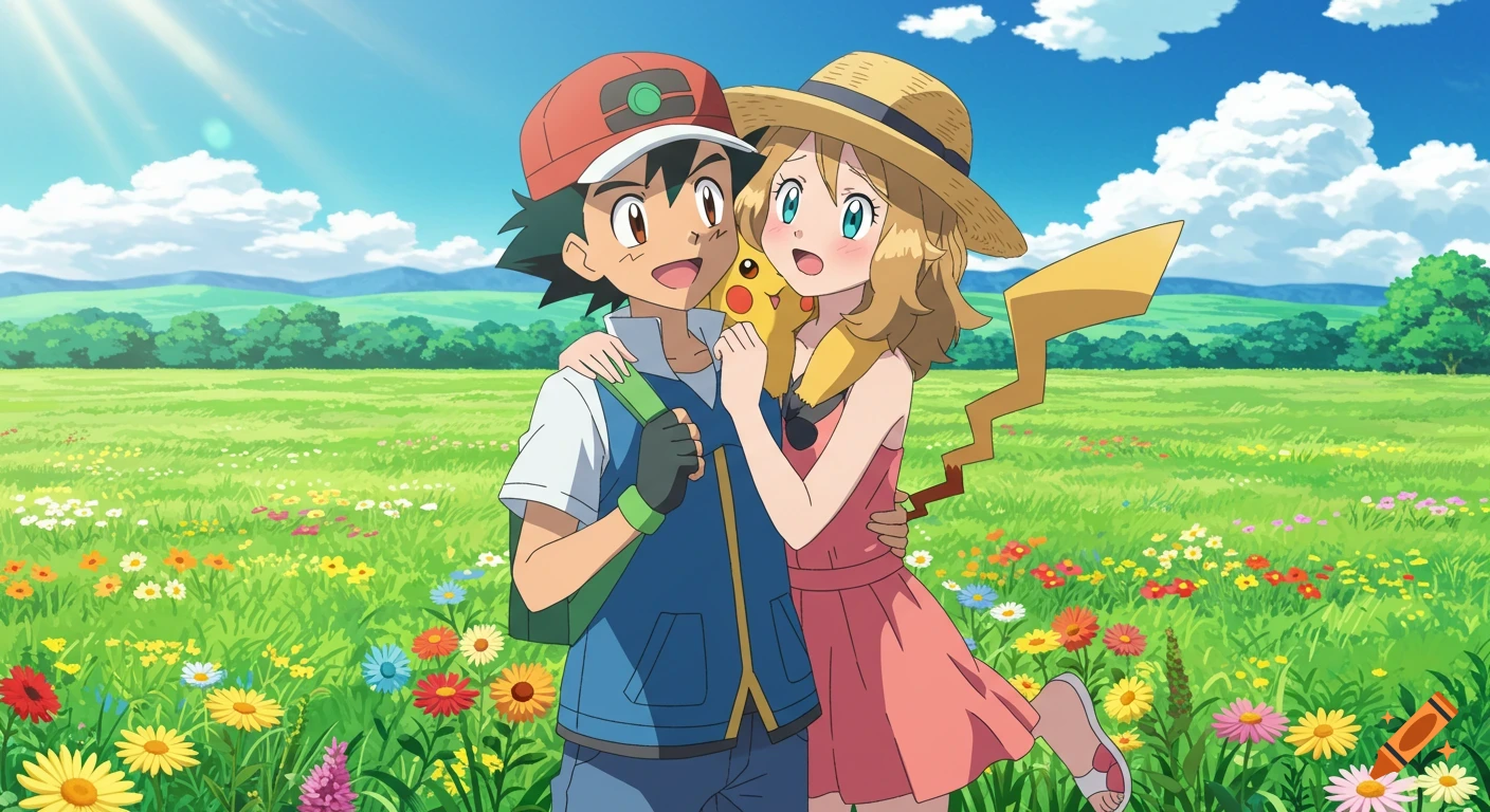 Ash and Serena from Pok 00e9mon hugging and blushing in a sunny, flower-filled meadow, with Pikachu on Serena's shoulder in anime style.